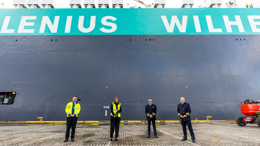 Hannelore Hardy, senior manager controlling and accounting EMEA, and Emmanuelle Van Damme, general manager, Zeebrugge terminal, along with relieving captain Stefan Sjöstrand and captain Jan Ake Brottman